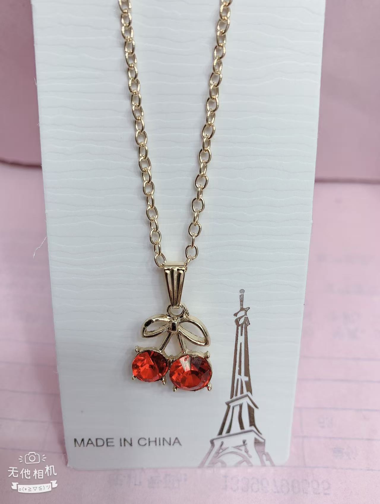Gemstone imitation gold and zirconium cherry pendant necklace, Kawaii fashion trend necklace