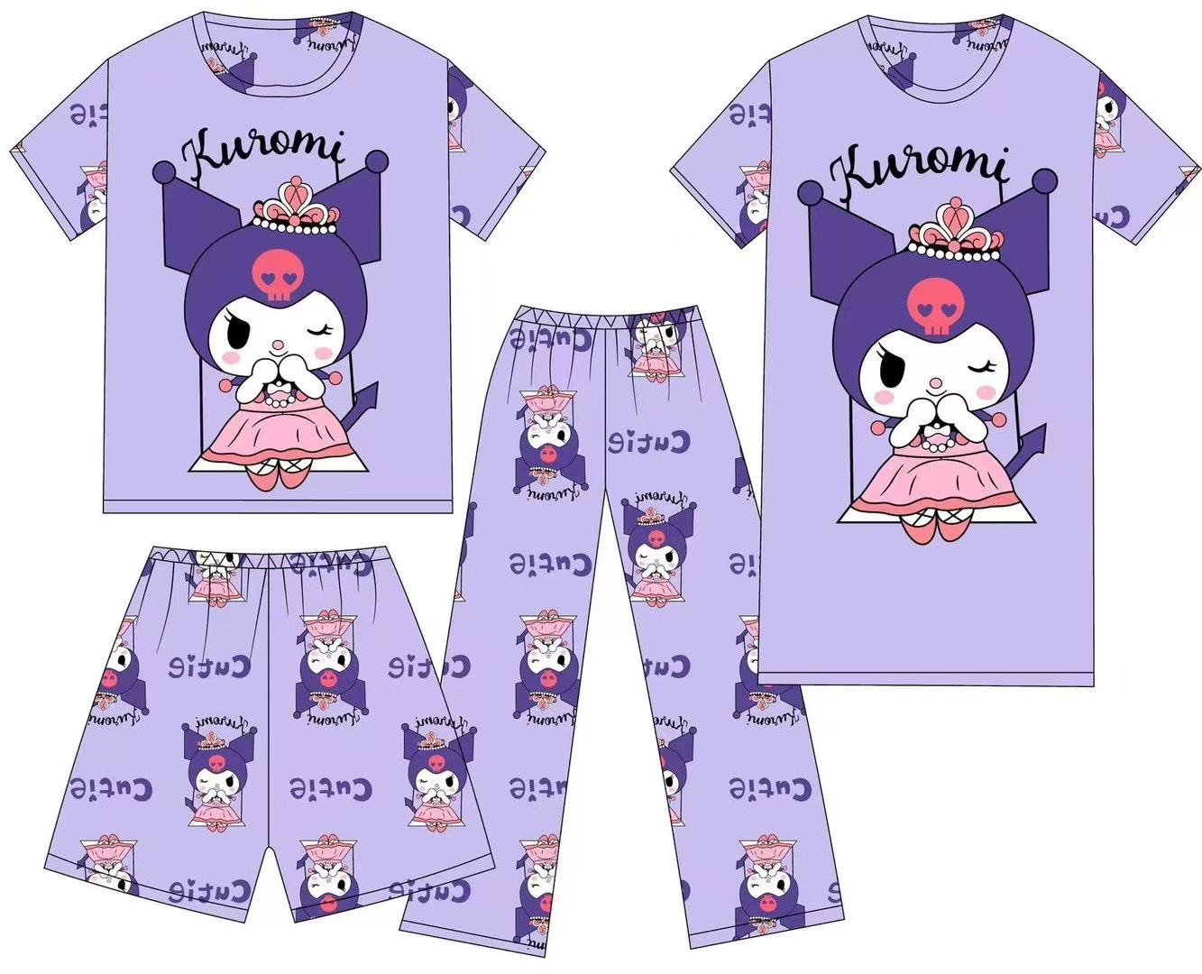 Four-piece pajama set for women, summer short-sleeved and long pants, summer nightgown, pajamas, long pants, shorts, short-sleeved and long skirt, cartoon loose and large size, suitable for wearing outside, home wear set Item Picture