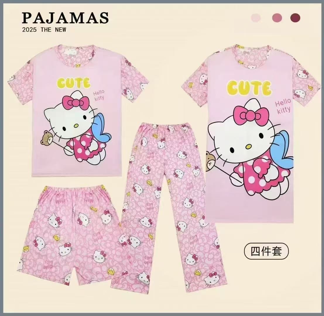 Four-piece pajama set for women, summer short-sleeved and long pants, summer nightgown, pajamas, long pants, shorts, short-sleeved and long skirt, cartoon loose and large size, suitable for wearing outside, home wear set pic 3