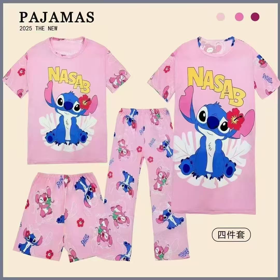 Four-piece pajama set for women, summer short-sleeved and long pants, summer nightgown, pajamas, long pants, shorts, short-sleeved and long skirt, cartoon loose and large size, suitable for wearing outside, home wear set pic 6