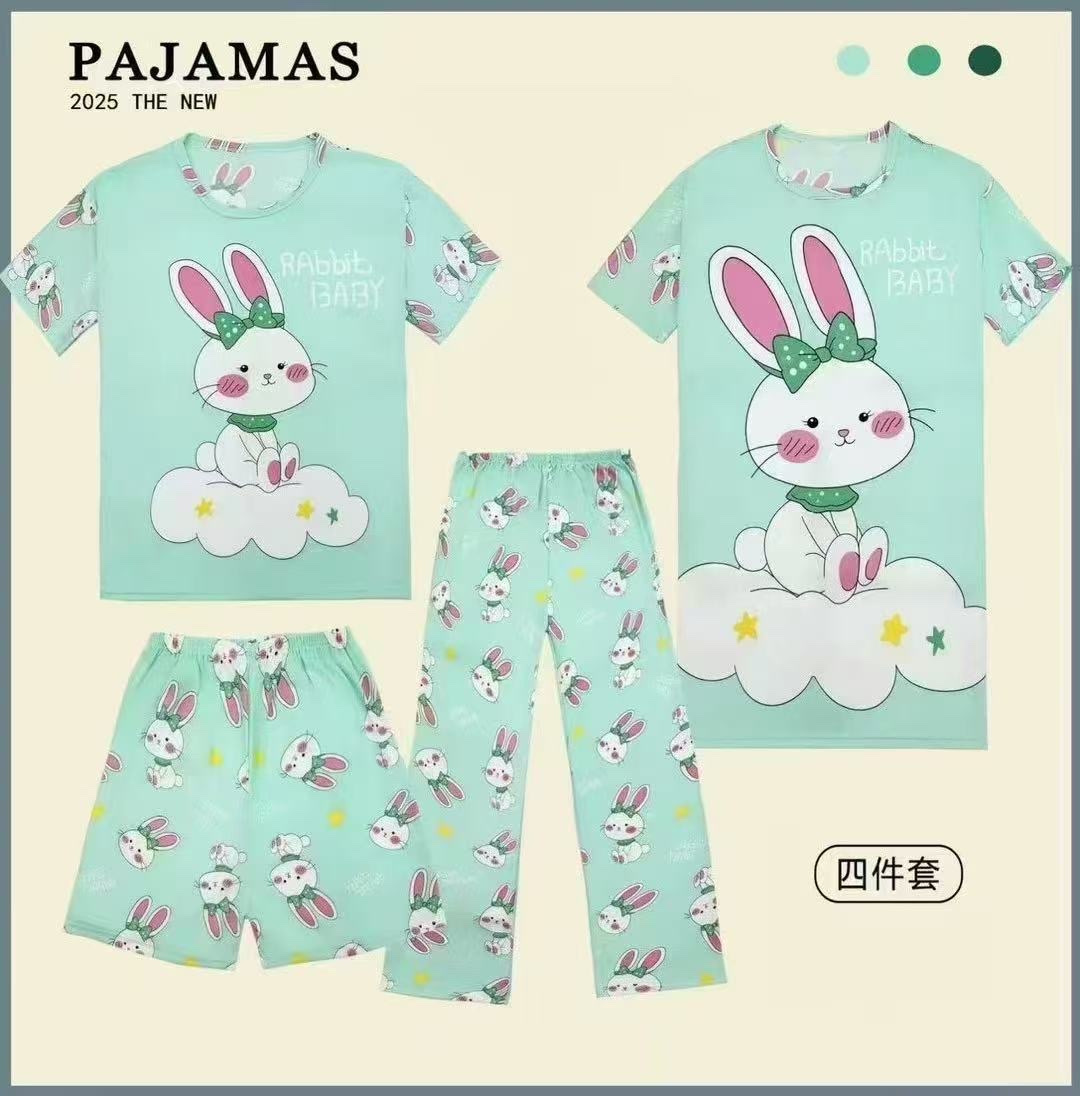 Four-piece pajama set for women, summer short-sleeved and long pants, summer nightgown, pajamas, long pants, shorts, short-sleeved and long skirt, cartoon loose and large size, suitable for wearing outside, home wear set pic 4