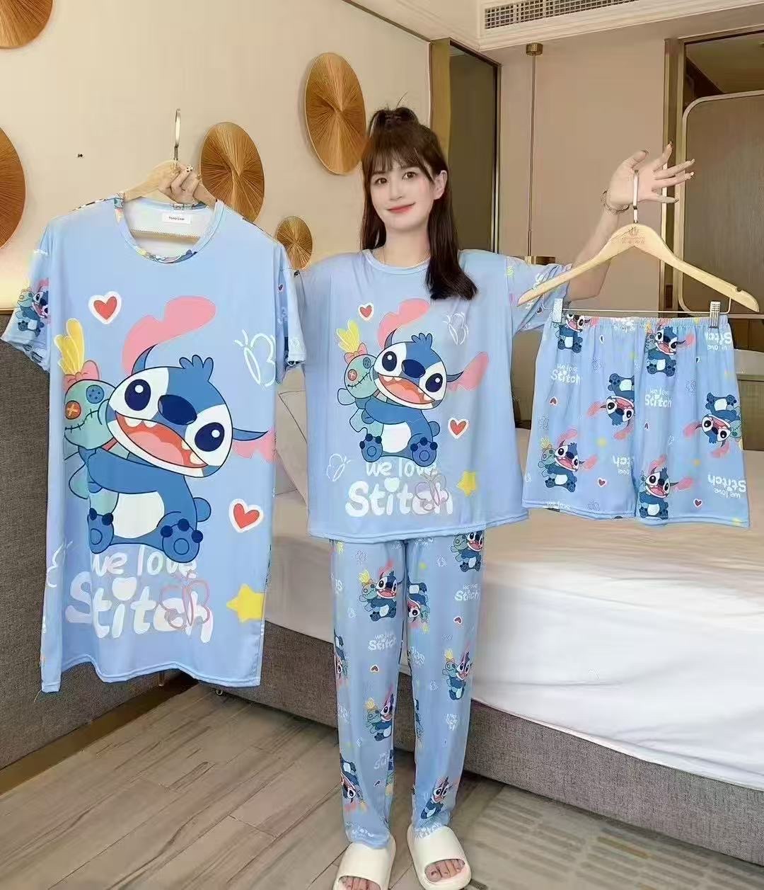 Four-piece pajama set for women, summer short-sleeved and long pants, summer nightgown, pajamas, long pants, shorts, short-sleeved and long skirt, cartoon loose and large size, suitable for wearing outside, home wear set details Picture