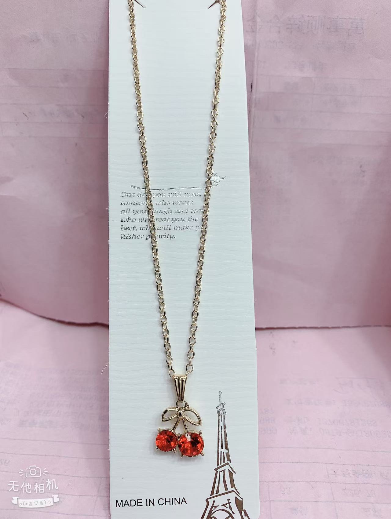 Gemstone imitation gold and zirconium cherry pendant necklace, Kawaii fashion trend necklace details Picture