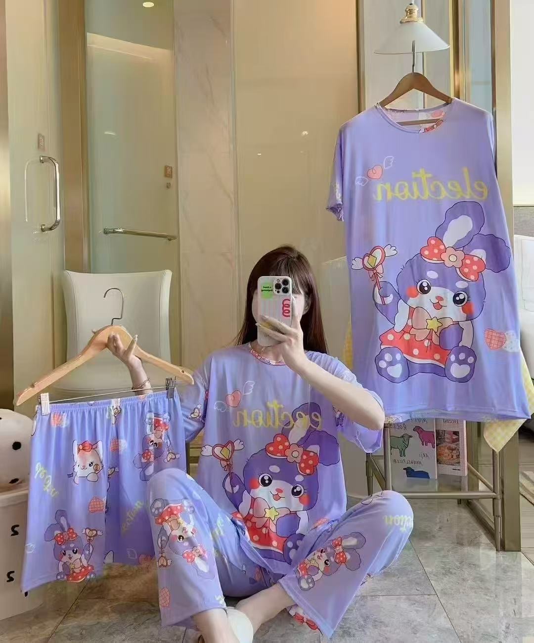 Four-piece pajama set for women, summer short-sleeved and long pants, summer nightgown, pajamas, long pants, shorts, short-sleeved and long skirt, cartoon loose and large size, suitable for wearing outside, home wear set