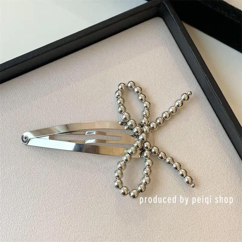 Japanese and Korean high-end pearl bow beaded hair clip headwear, simple and elegant bangs side clipped hair accessory Specification image