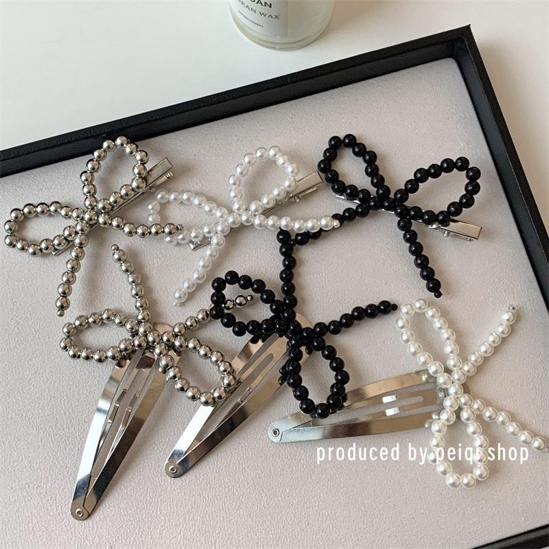 Japanese and Korean high-end pearl bow beaded hair clip headwear, simple and elegant bangs side clipped hair accessory