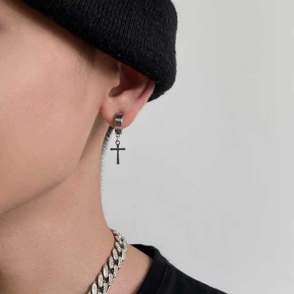 Cross ear clips, no ear piercings, men's cold style, men's single ear studs, trendy men's earrings, personalized and fashionable earrings, stainless steel ear studs, earrings, titanium steel ear studs, ear studs details Picture