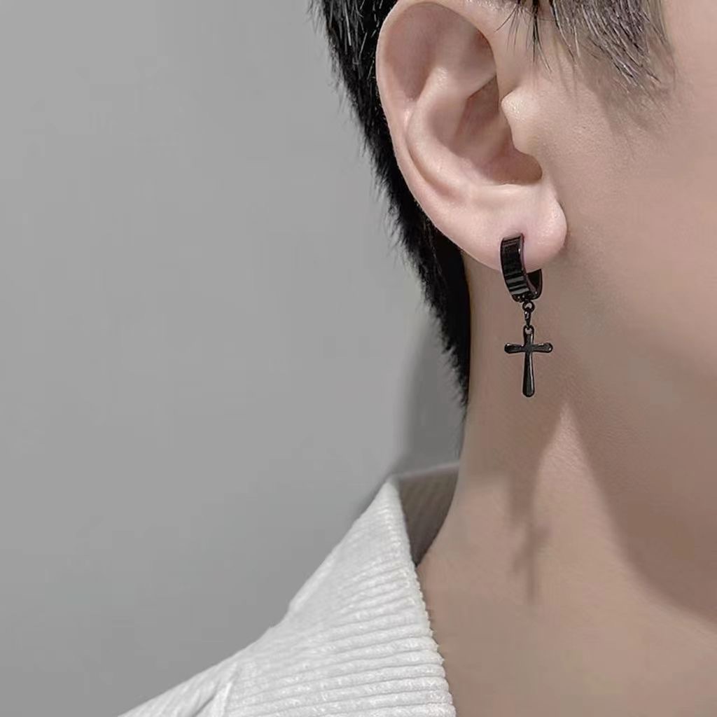 Cross ear clips, no ear piercings, men's cold style, men's single ear studs, trendy men's earrings, personalized and fashionable earrings, stainless steel ear studs, earrings, titanium steel ear studs, ear studs Specification image