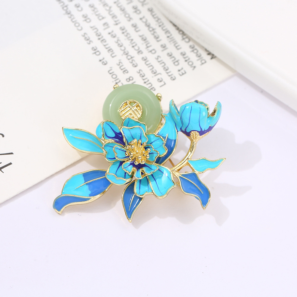 福玉牡丹花胸针高档中国风珐琅彩釉国潮旗袍汉服配饰精致胸针批发 细节图