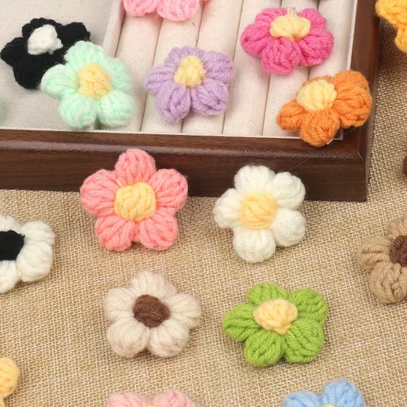 新款毛线花朵手工钩织泡芙花diy鞋帽袜子装饰彩色花朵饰品配件