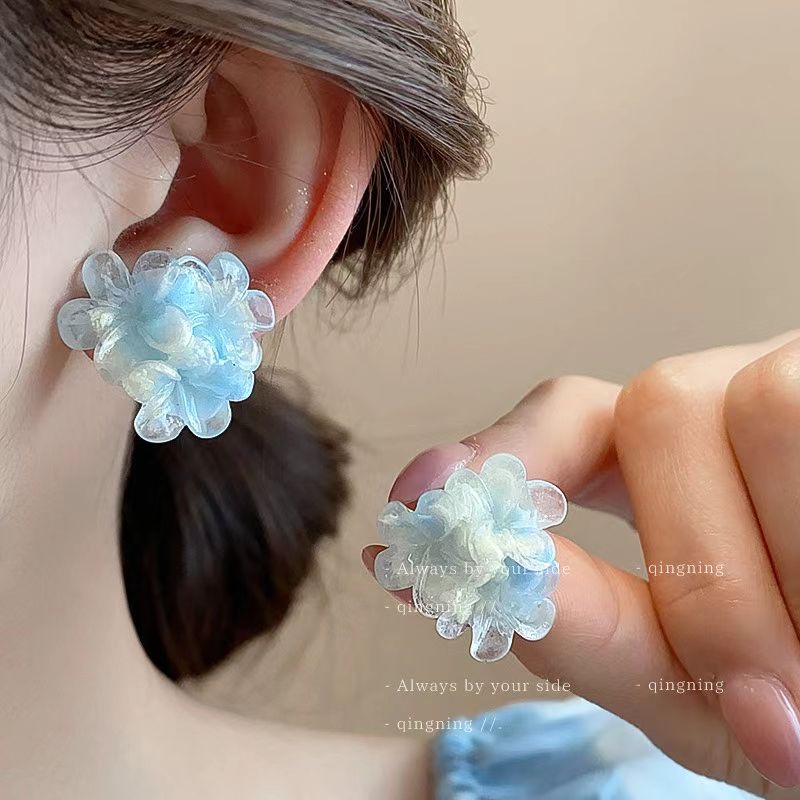 奶油蓝色晕染花朵925银耳钉韩国ins甜美少女蚊香盘耳夹耳饰详情图3