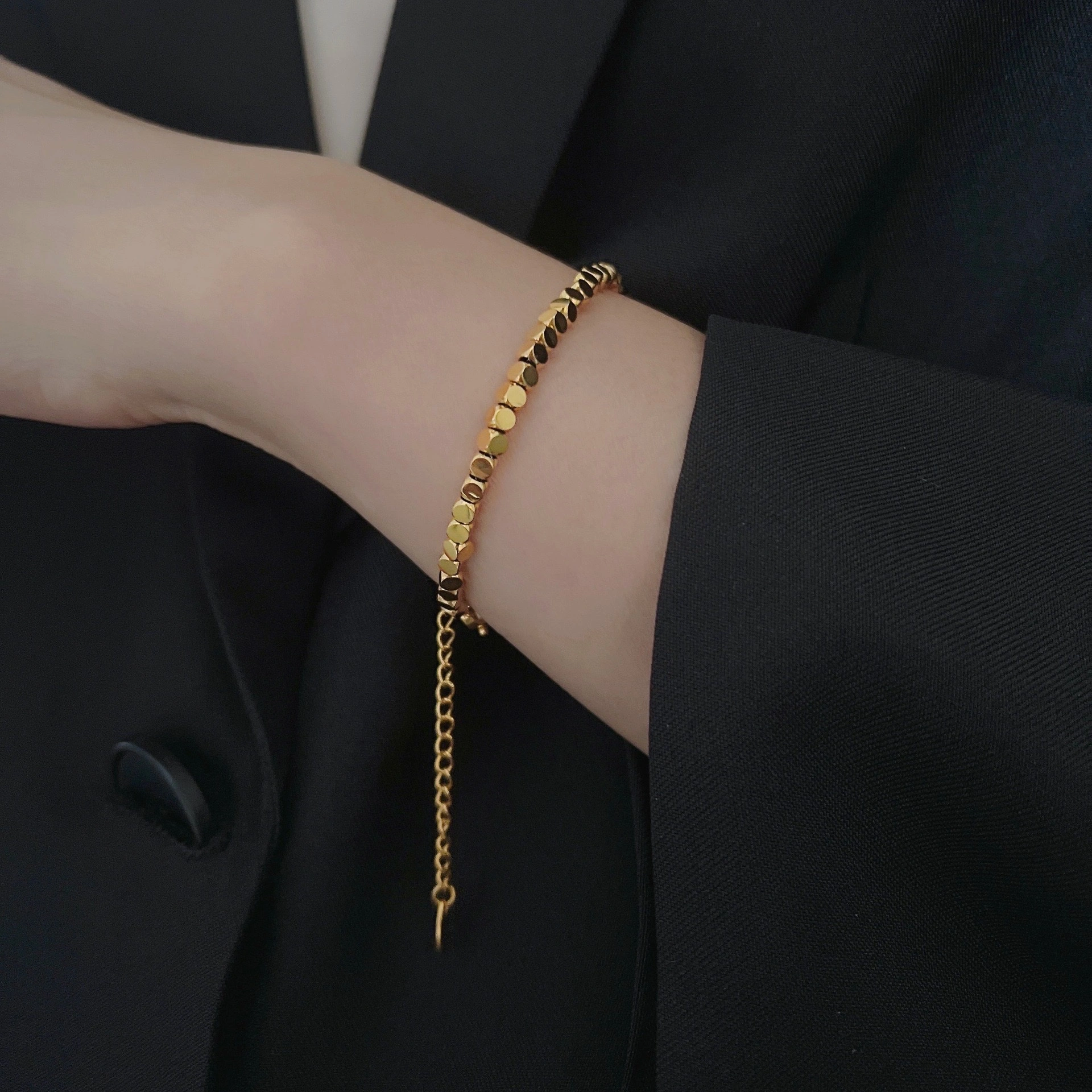 A few pieces of broken silver bracelets, women's dance beads, 18k gold small square bracelets, titanium steel, non-fading, ins light luxury style, high-end stainless steel jewelry detail image 5