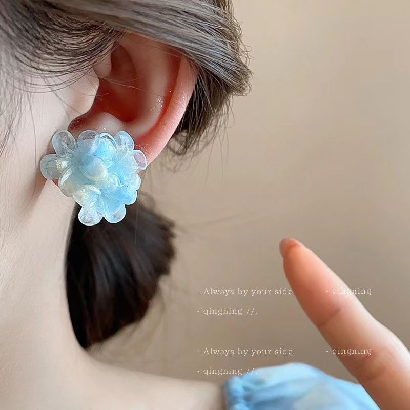 奶油蓝色晕染花朵925银耳钉韩国ins甜美少女蚊香盘耳夹耳饰详情图2