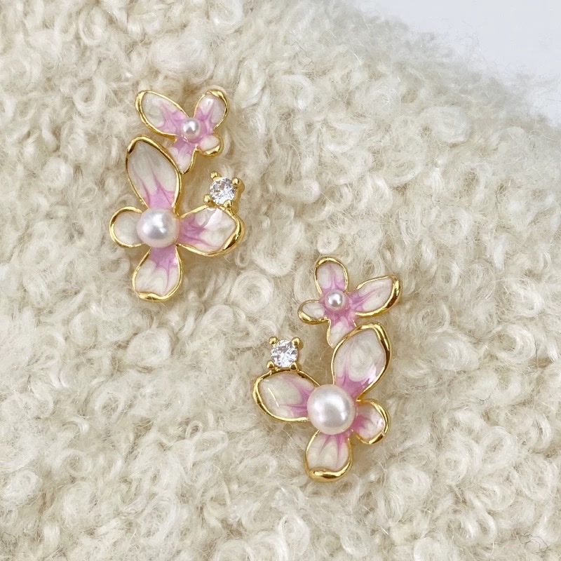 925银针淡水珍珠 春夏清新耳环温柔精致渐变粉色淡水珍珠花朵耳钉女
