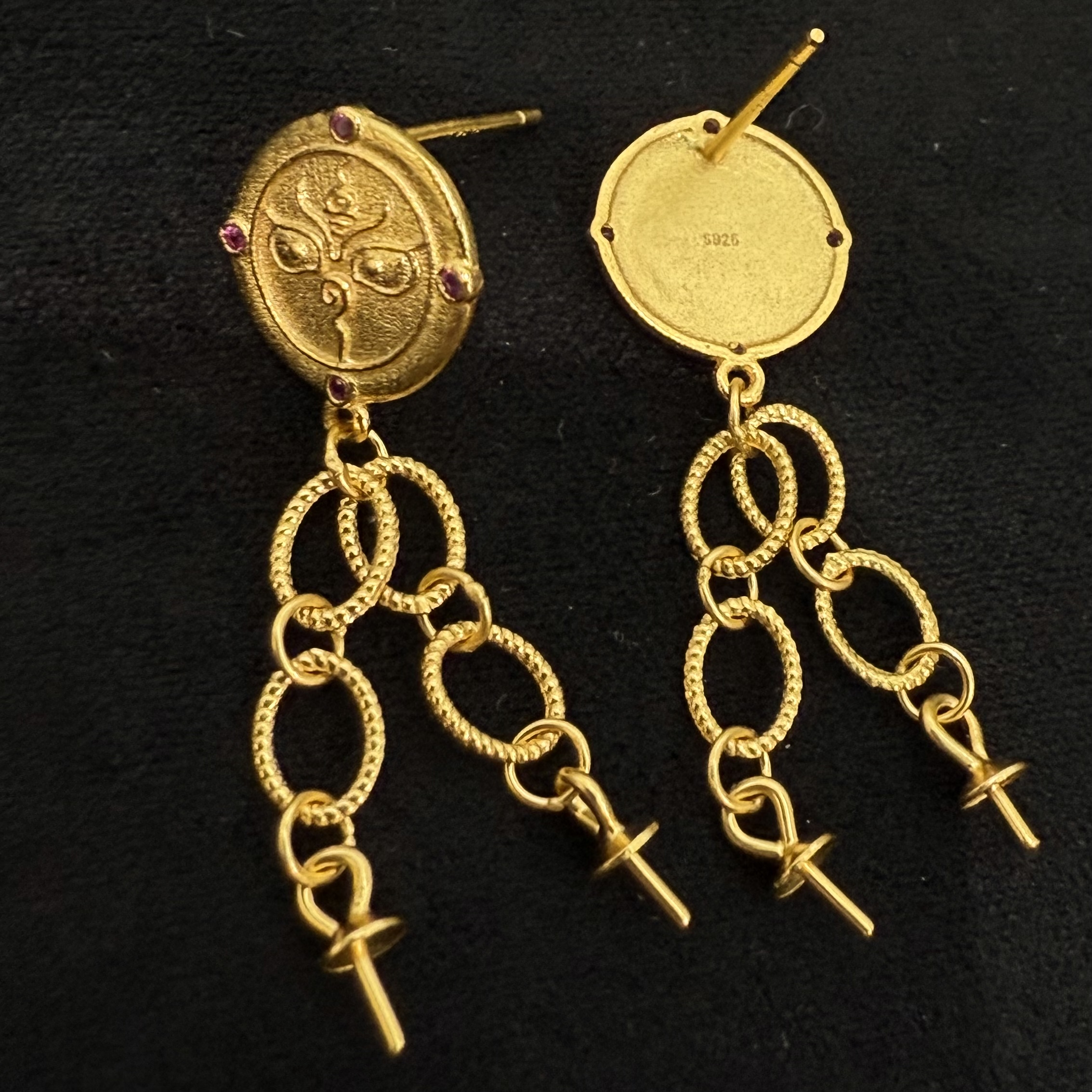 S925纯银镀金般若流苏耳针 民族风耳饰耳环DIY银饰配件