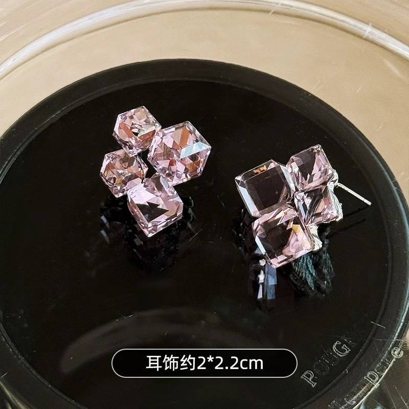 超闪紫方晶几何方形立体耳钉女2025新款春季轻奢小众设计气质耳饰饰品女长款气质饰品耳钉
