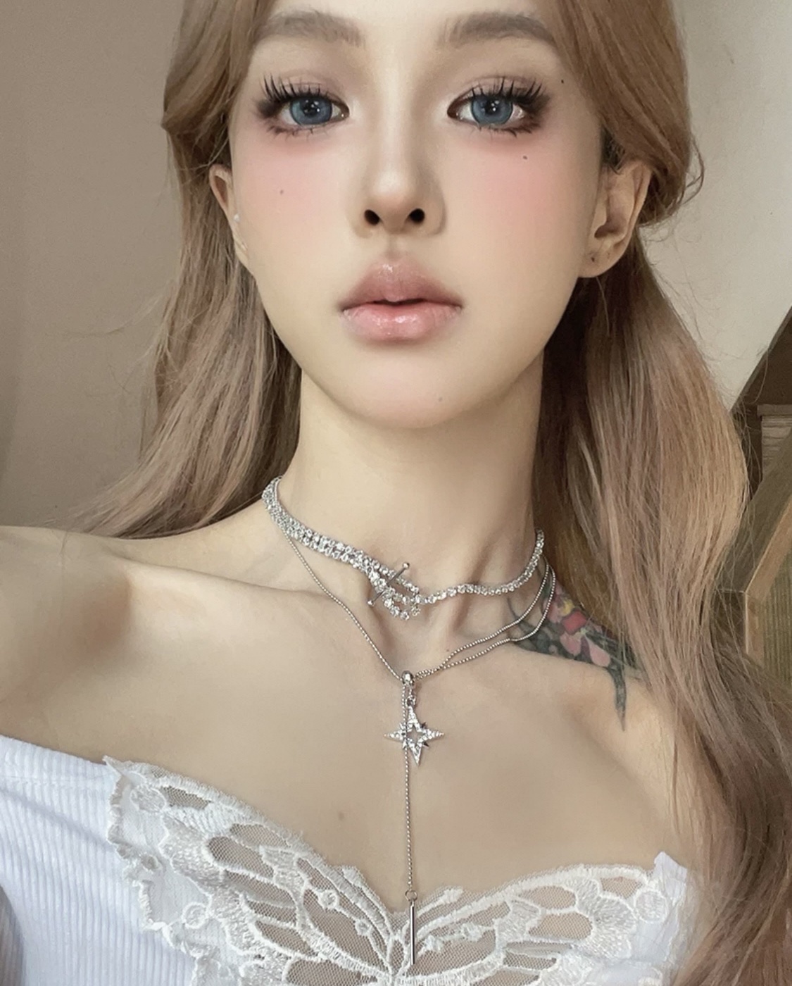 轻奢高级感重工双层镶钻星芒项链女甜酷风小众短款颈链锁骨链