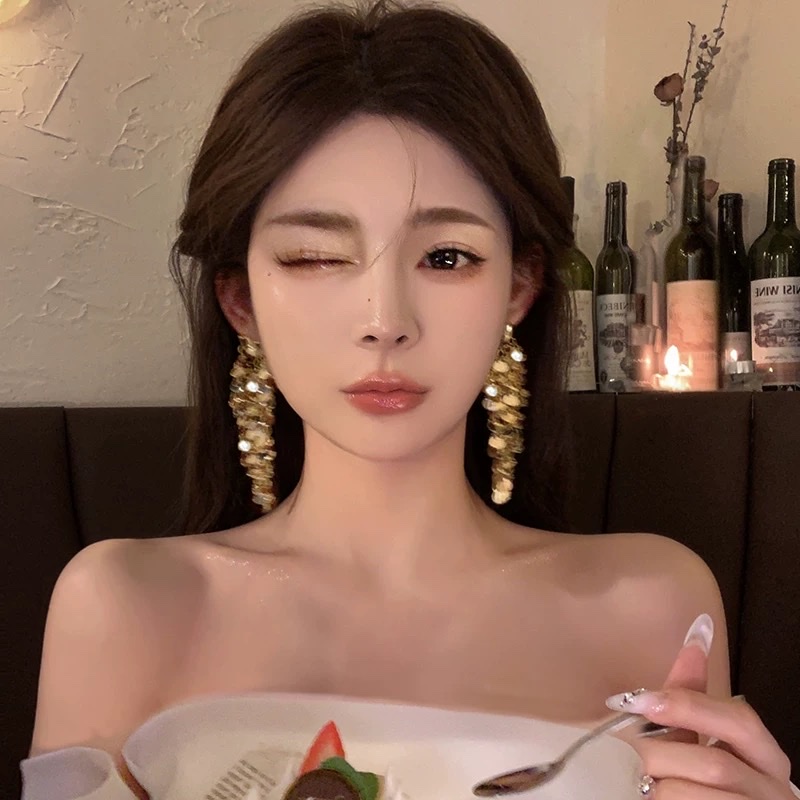 小众设计高级感金属亮片流苏耳环女轻奢时尚百搭2025年新款潮耳饰饰品钛钢混合耳钉耳饰耳钉钛钢耳钉饰品饰品饰品