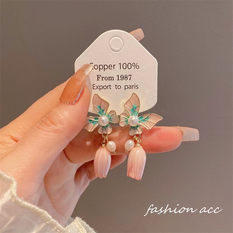 油画梦蝶！铃兰小花珍珠耳钉！小众设计永生花高级感气质耳环饰品详情图3