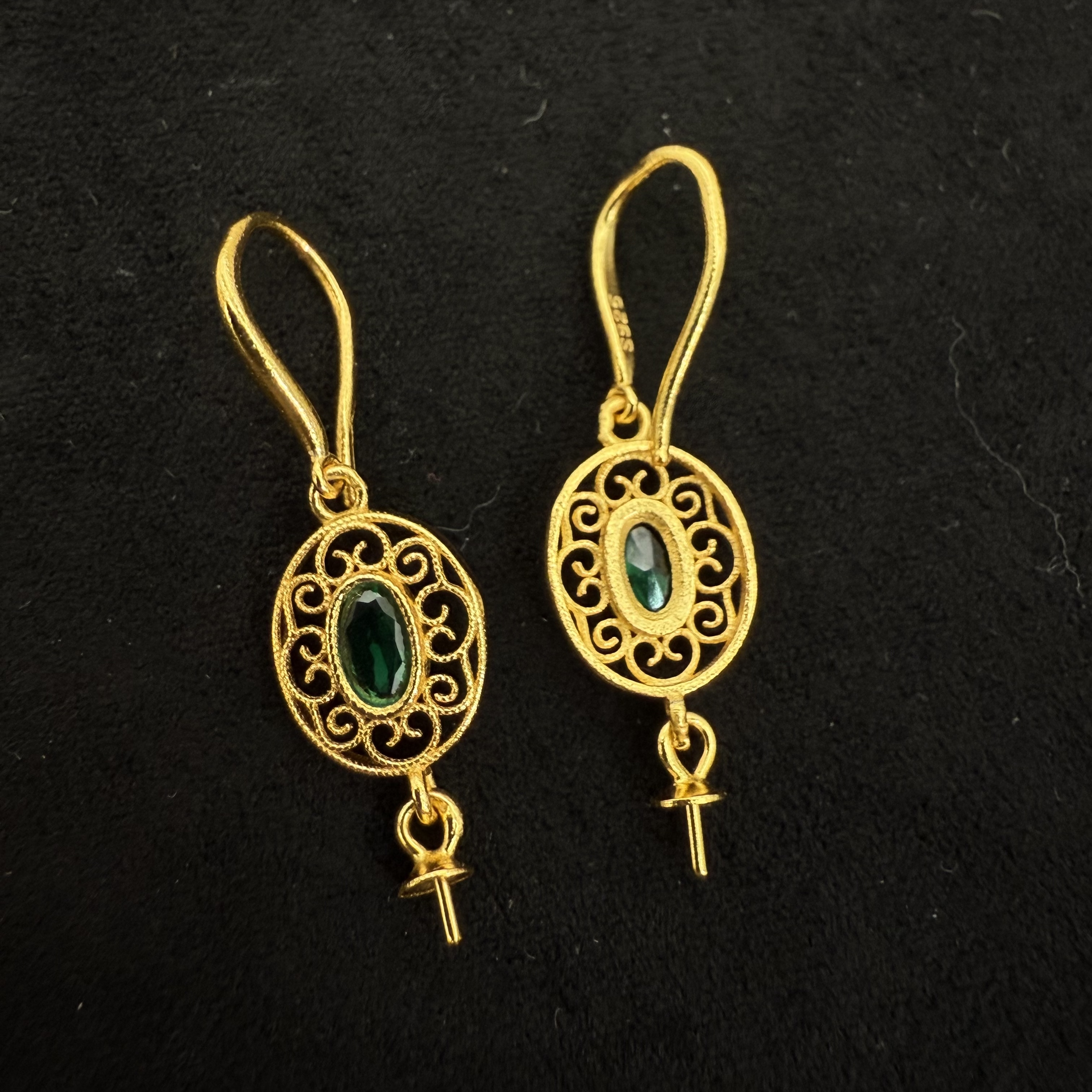 S925银椭圆绿宝耳钩耳环饰品