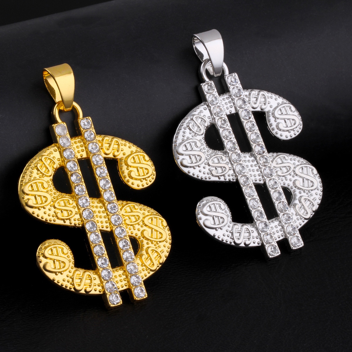 欧美跨境嘻哈饰品工厂hiphop美金吊坠戒指套装美元符号吊坠项坠细节图