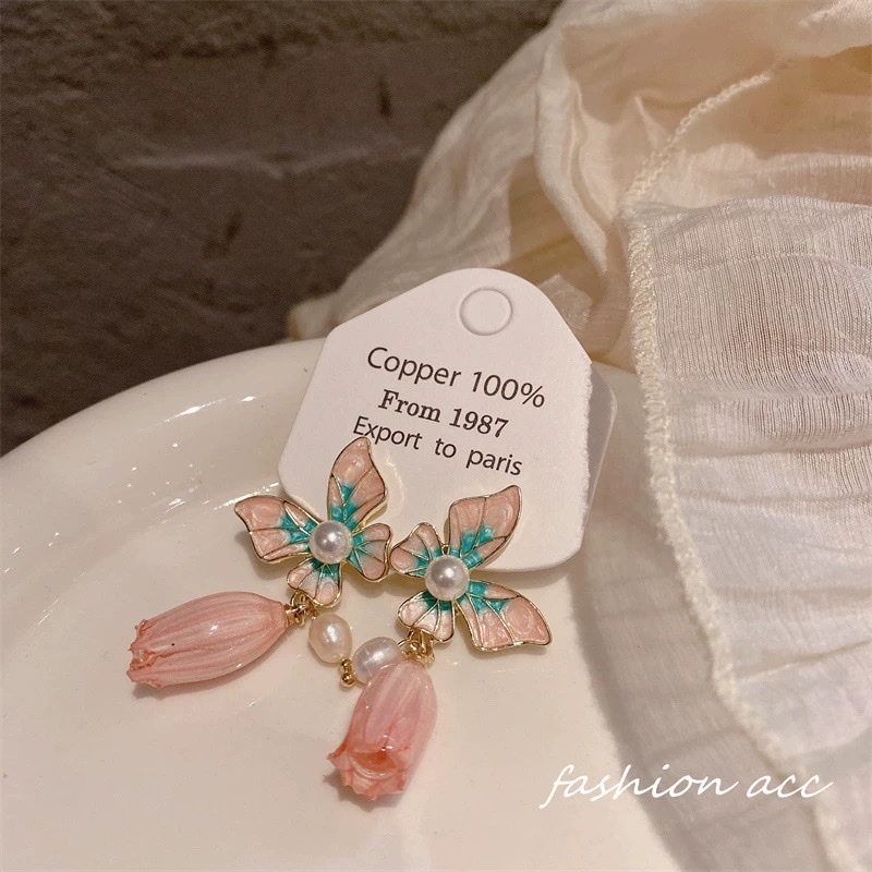 油画梦蝶！铃兰小花珍珠耳钉！小众设计永生花高级感气质耳环饰品详情图5