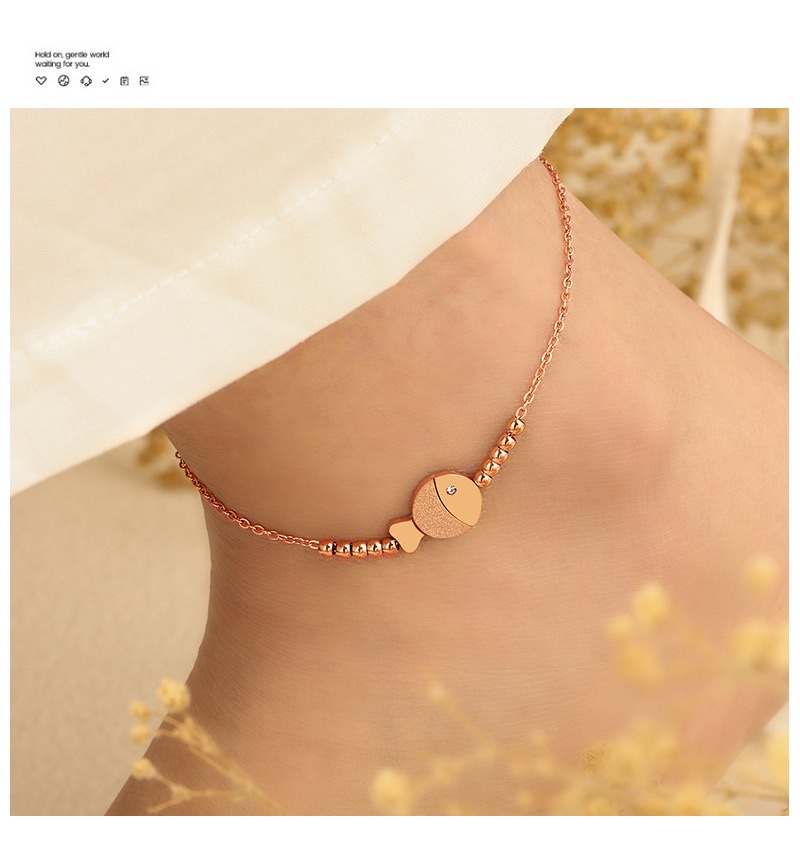 韩式ins风可爱甜美手工串珠亲嘴小鱼单钻脚链女钛钢金色脚饰不锈钢饰品详情图8