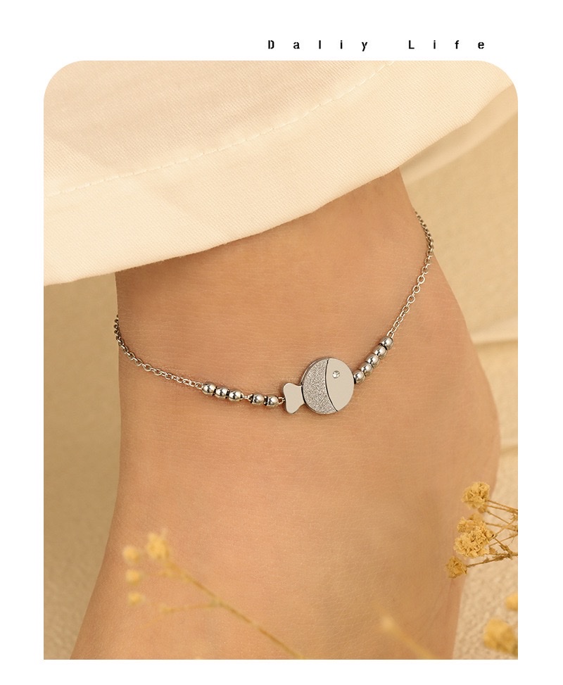 韩式ins风可爱甜美手工串珠亲嘴小鱼单钻脚链女钛钢金色脚饰不锈钢饰品详情图7