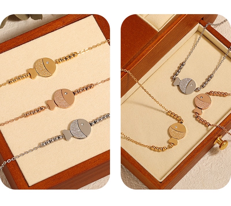 韩式ins风可爱甜美手工串珠亲嘴小鱼单钻脚链女钛钢金色脚饰不锈钢饰品详情图4