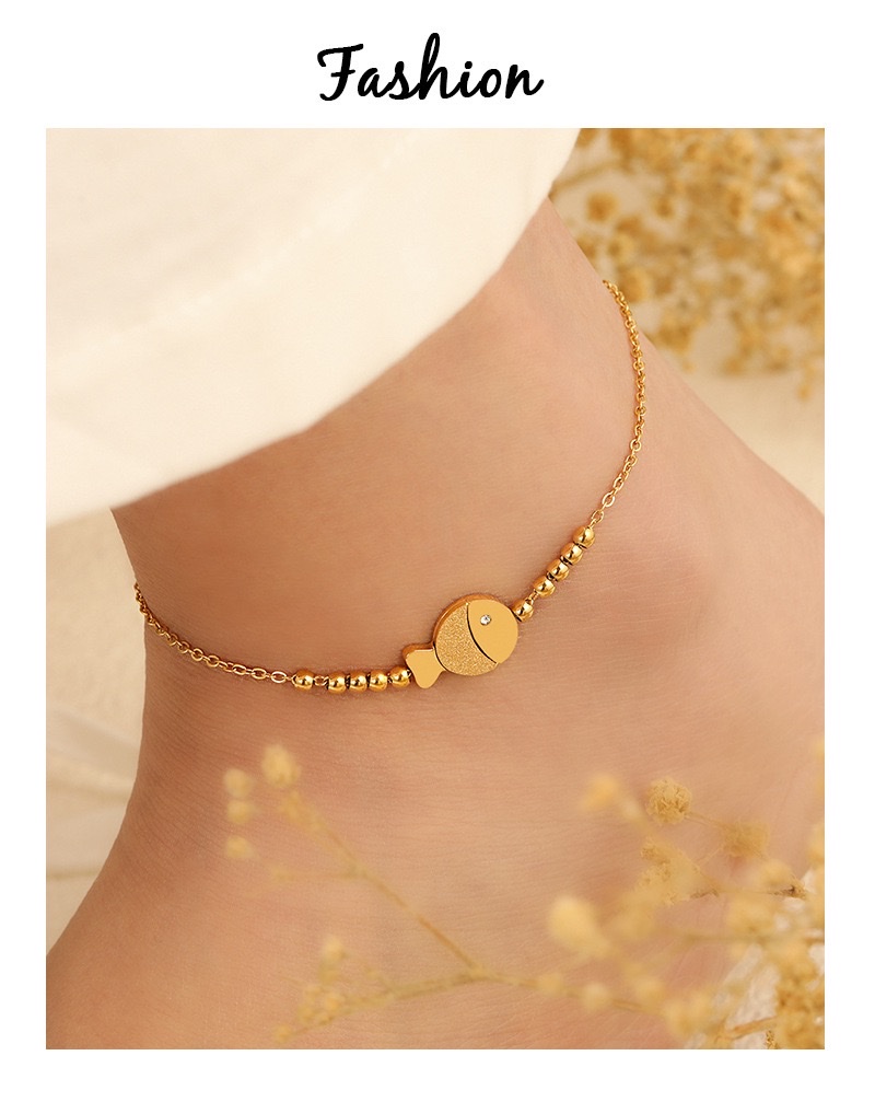 韩式ins风可爱甜美手工串珠亲嘴小鱼单钻脚链女钛钢金色脚饰不锈钢饰品详情图2