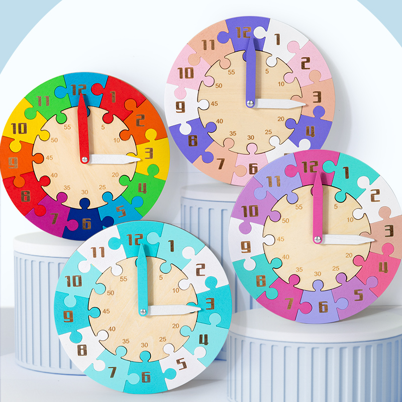 Children's clock jigsaw early education time color cognition kindergarten primary school teaching AIDS Enlightenment educational toys Wood four colors optional export CPC CE certificate full figure