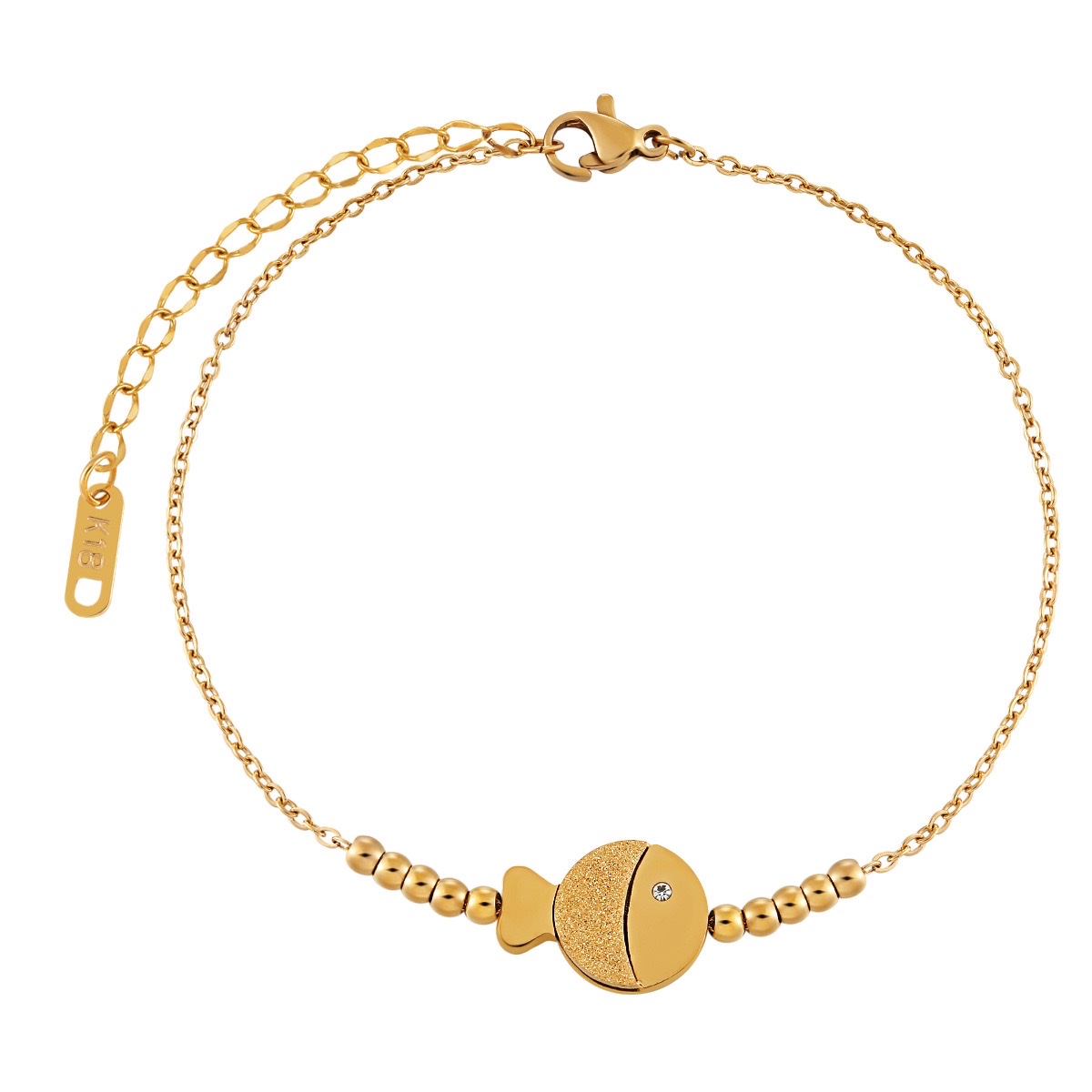 韩式ins风可爱甜美手工串珠亲嘴小鱼单钻脚链女钛钢金色脚饰不锈钢饰品白底实物图