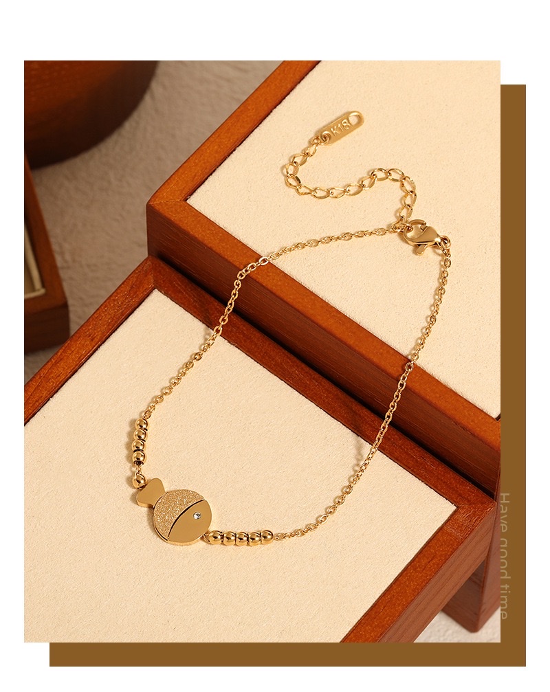 韩式ins风可爱甜美手工串珠亲嘴小鱼单钻脚链女钛钢金色脚饰不锈钢饰品详情图5