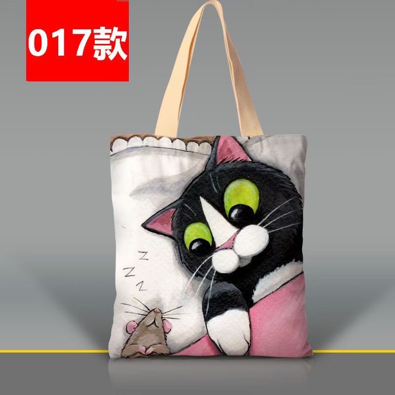 韩版卡通猫咪手提袋涤纶印花大容量女士单肩包外出双层环保购物袋详情图16