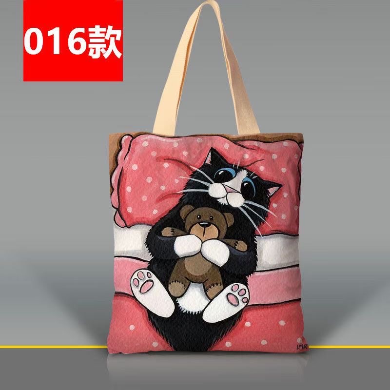 韩版卡通猫咪手提袋涤纶印花大容量女士单肩包外出双层环保购物袋详情图15