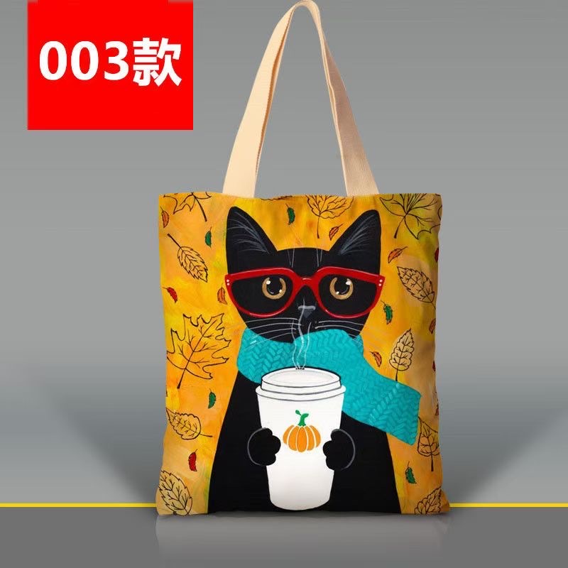 韩版卡通猫咪手提袋涤纶印花大容量女士单肩包外出双层环保购物袋详情图3