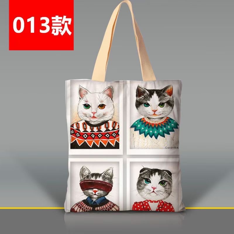 韩版卡通猫咪手提袋涤纶印花大容量女士单肩包外出双层环保购物袋详情图12