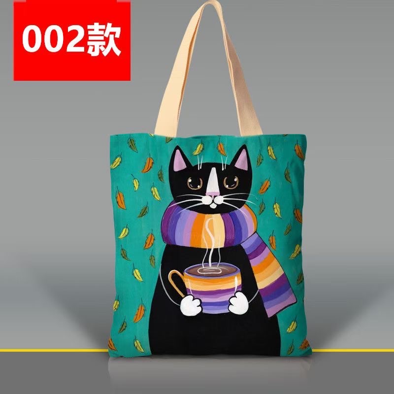 韩版卡通猫咪手提袋涤纶印花大容量女士单肩包外出双层环保购物袋详情图2