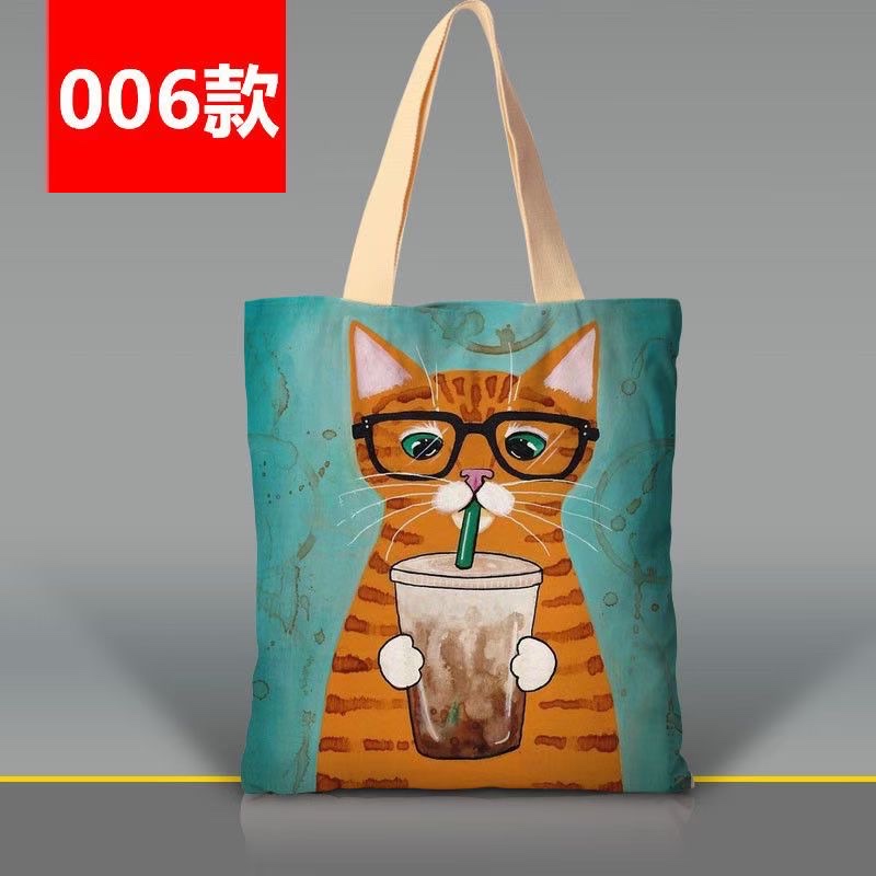 韩版卡通猫咪手提袋涤纶印花大容量女士单肩包外出双层环保购物袋详情图6