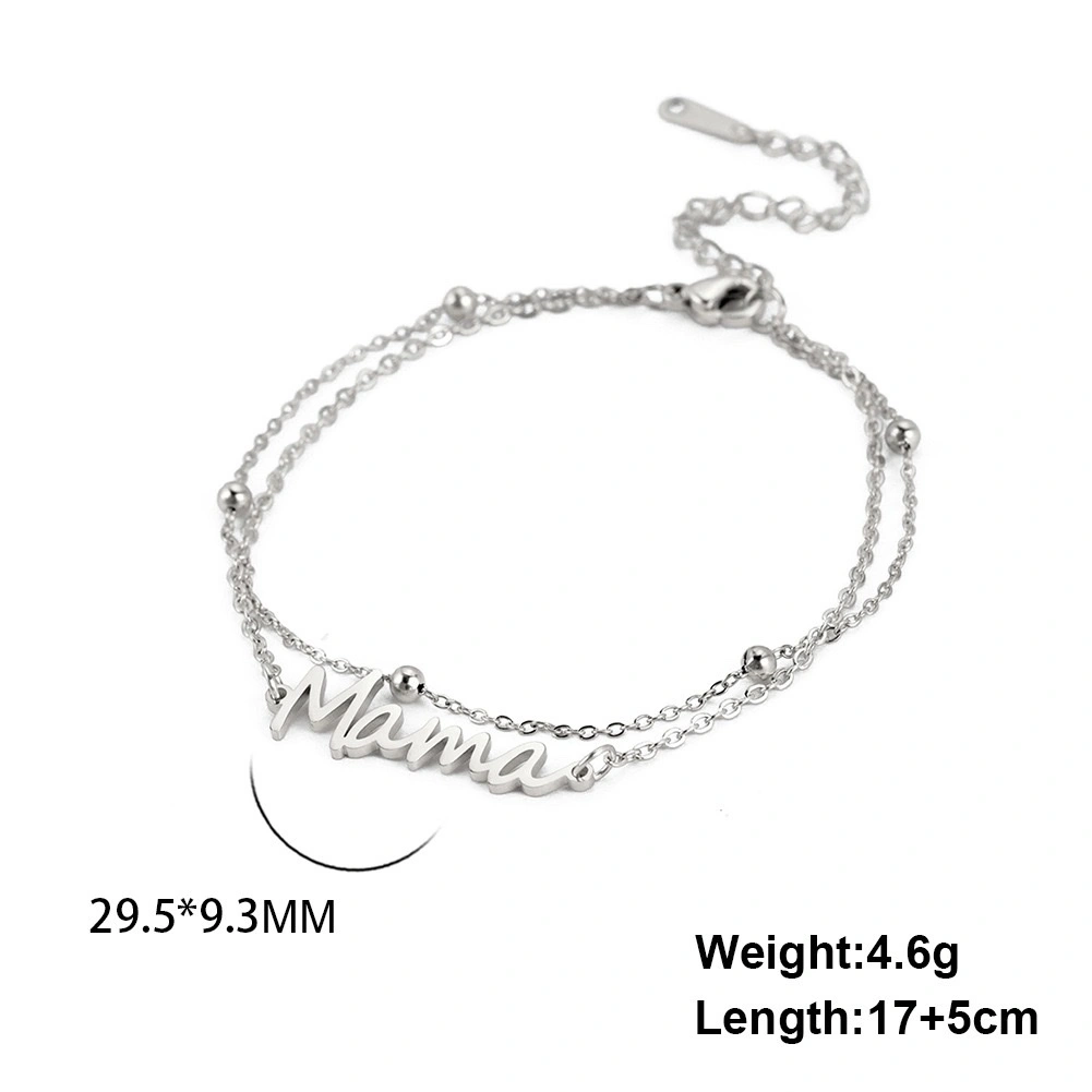 Factory direct sales of simple cut titanium steel Mama text pendants from Europe and America, Mother's Day stainless steel double-layer chain bracelets, versatile for women detail image 4
