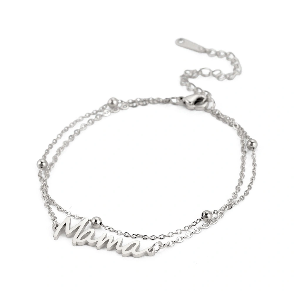 Factory direct sales of simple cut titanium steel Mama text pendants from Europe and America, Mother's Day stainless steel double-layer chain bracelets, versatile for women detail image 5