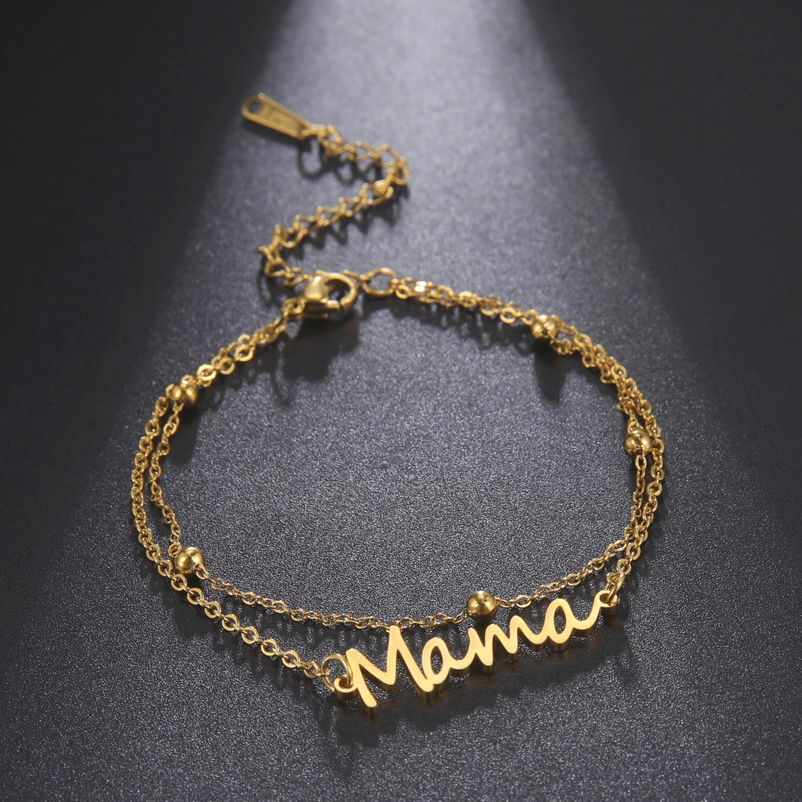 Factory direct sales of simple cut titanium steel Mama text pendants from Europe and America, Mother's Day stainless steel double-layer chain bracelets, versatile for women detail image 2