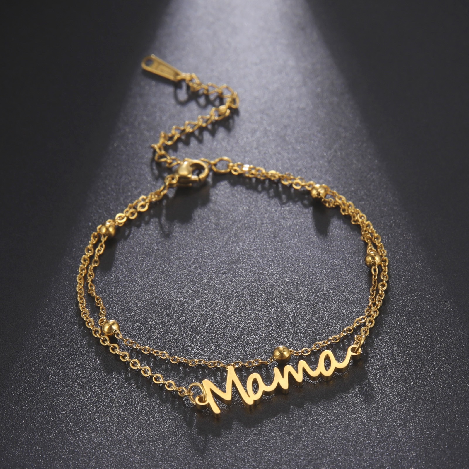 Factory direct sales of simple cut titanium steel Mama text pendants from Europe and America, Mother's Day stainless steel double-layer chain bracelets, versatile for women