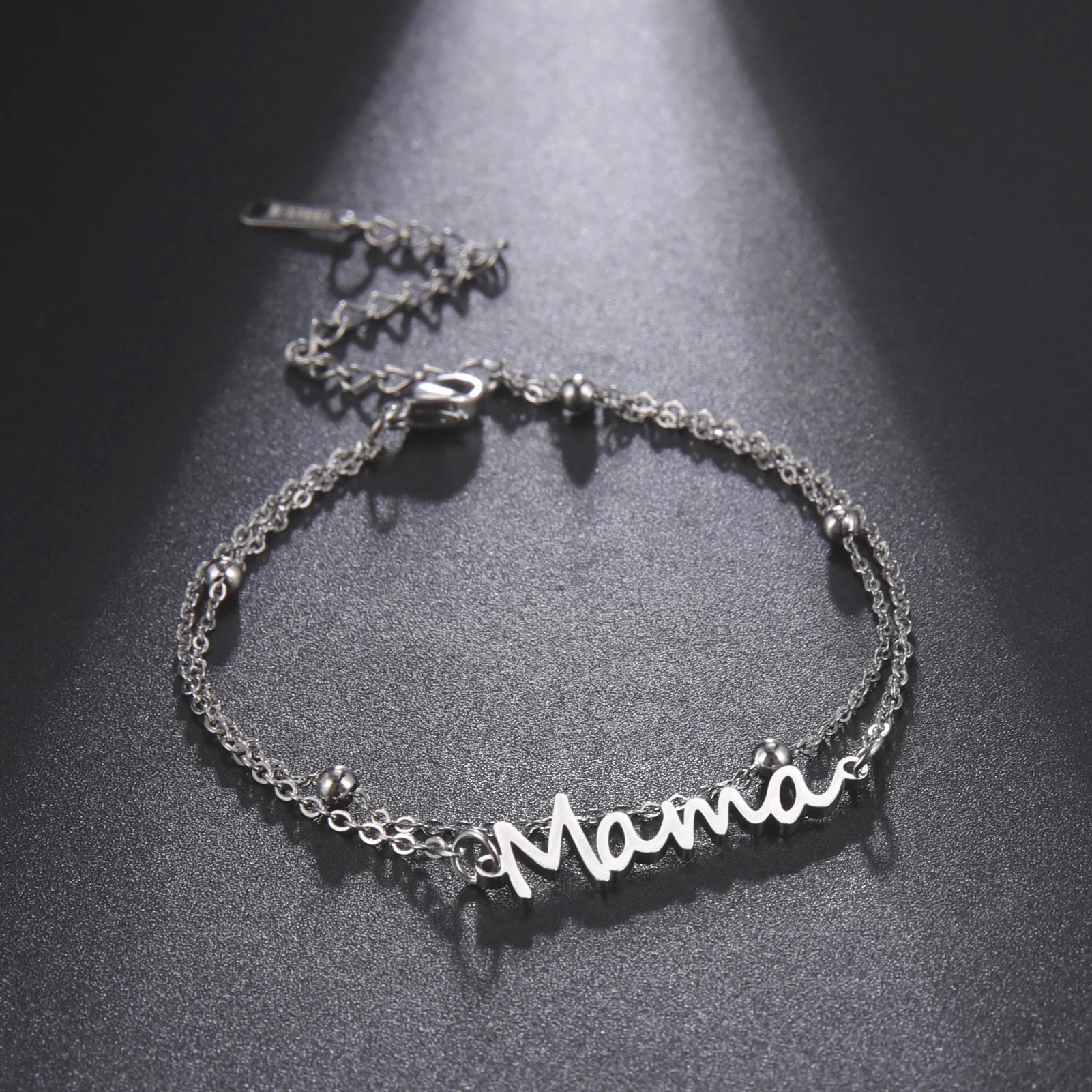 Factory direct sales of simple cut titanium steel Mama text pendants from Europe and America, Mother's Day stainless steel double-layer chain bracelets, versatile for women detail image 3