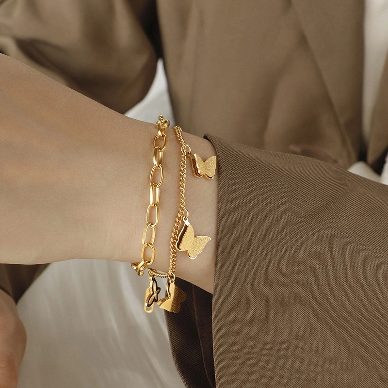 The popular titanium steel butterfly double-layer bracelet in Europe and America is elegant, hip-hop and fashionable for women. It doesn't fade and is a new versatile accessory with a unique personality detail image 3