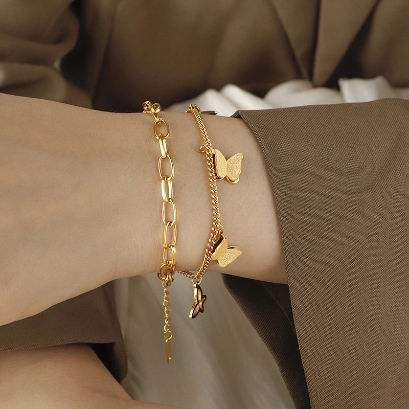 The popular titanium steel butterfly double-layer bracelet in Europe and America is elegant, hip-hop and fashionable for women. It doesn't fade and is a new versatile accessory with a unique personality detail image 2