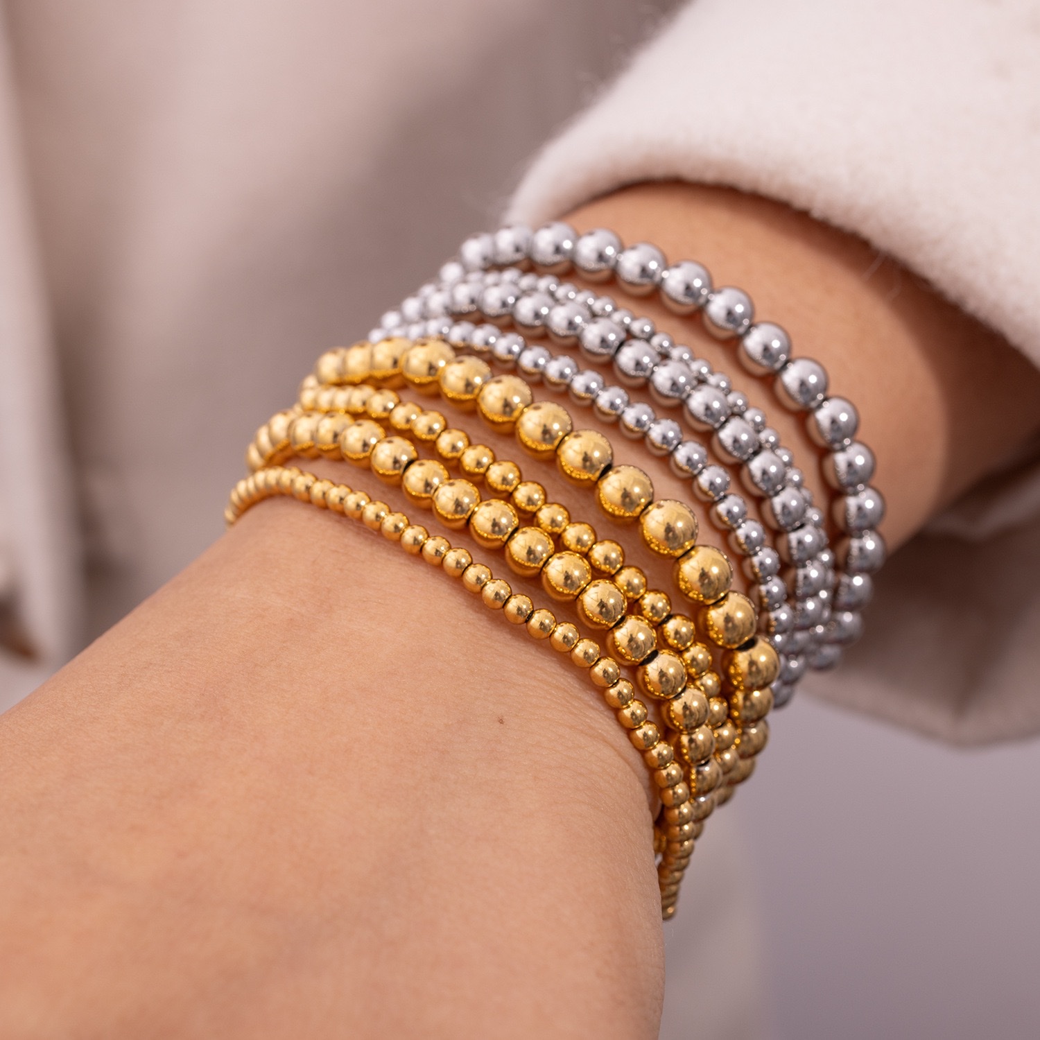 欧美ins时尚简约流行手饰饰品小众复古不锈钢镀18K弹性珠子手链