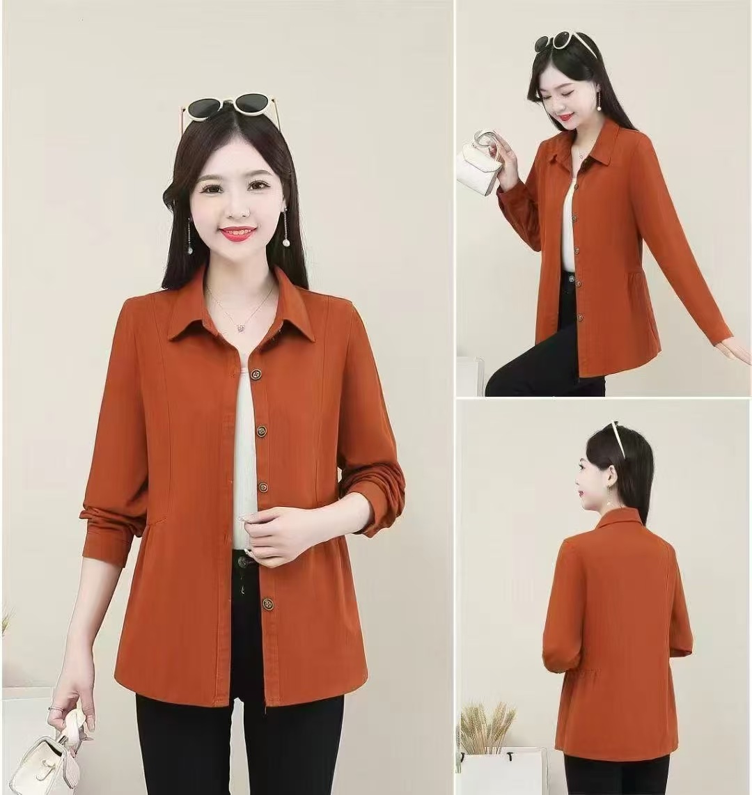 New arrivals for Spring/Autumn 2025 women's wear: Orange long-sleeved tops are trendy and fashionable. Sizes range from XL to 5XL Application Scenario