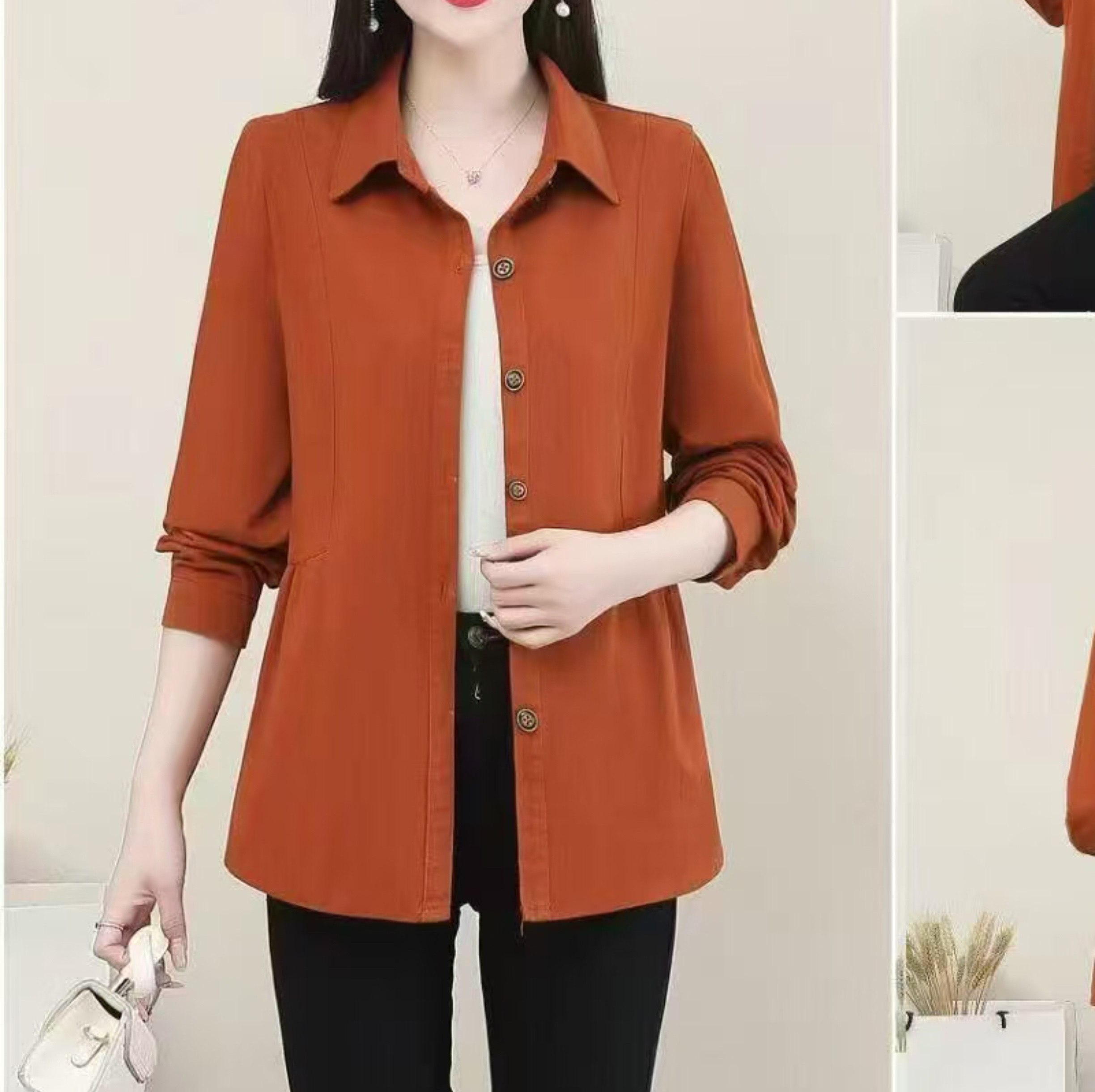 New arrivals for Spring/Autumn 2025 women's wear: Orange long-sleeved tops are a trendy and fashionable middle-aged outfit. Sizes range from XL to 5XL