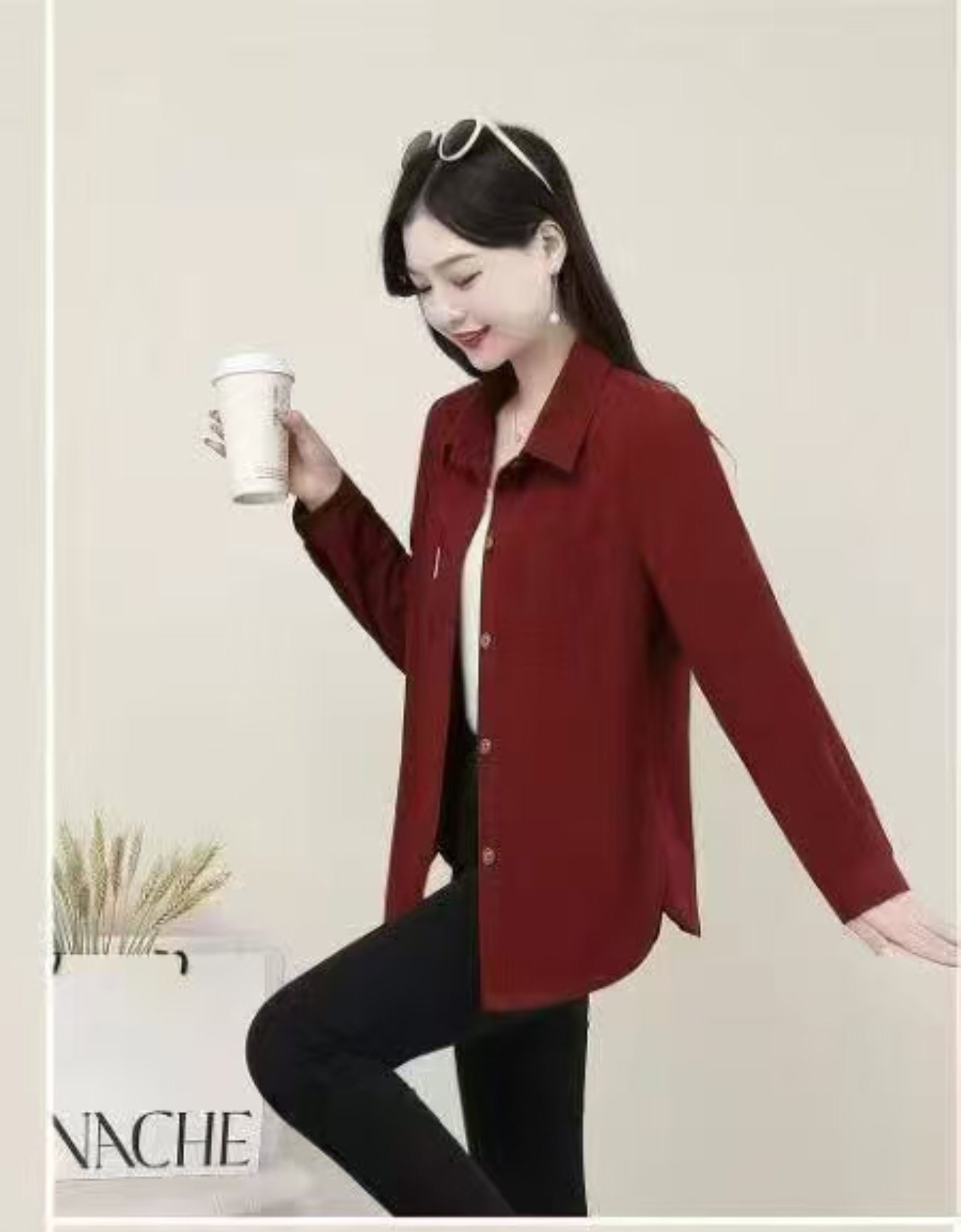 New arrivals for Spring/Autumn 2025 women's wear: A trendy purple-red long-sleeved top for middle-aged fashion, available in sizes from XL to 5XL details Picture